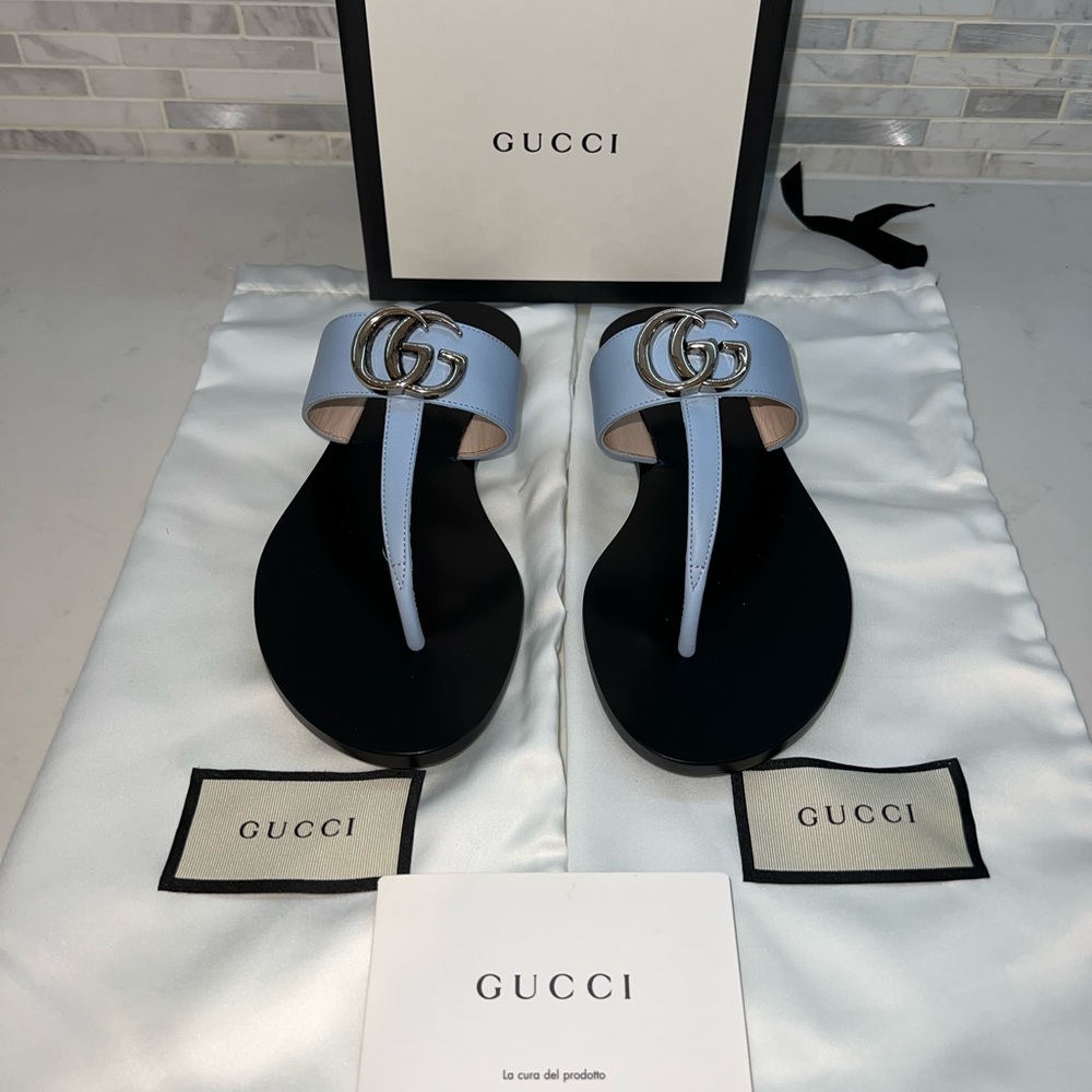 Gucci Women's Leather Thong Sandal With Double G In Light Blue size 35